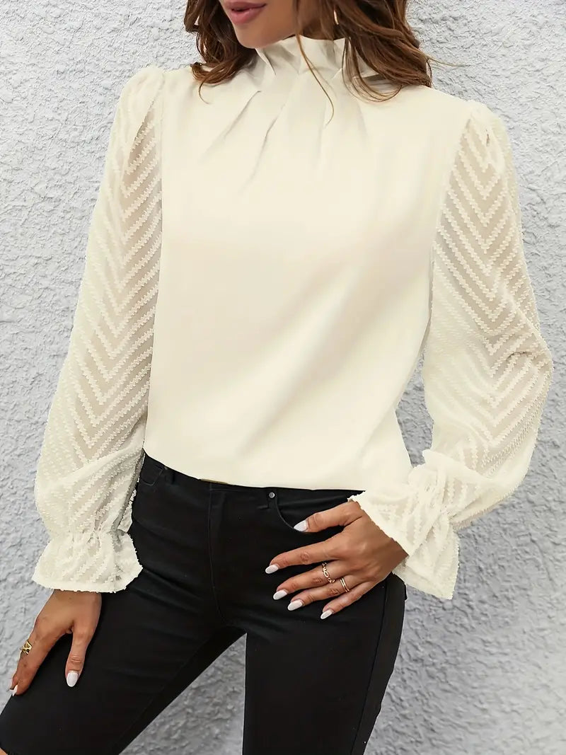 Chic Pleated Top with Sheer Mesh Sleeves for Women