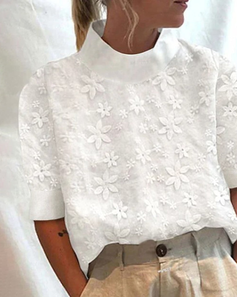 Embroidered Classic Stand Collar Top