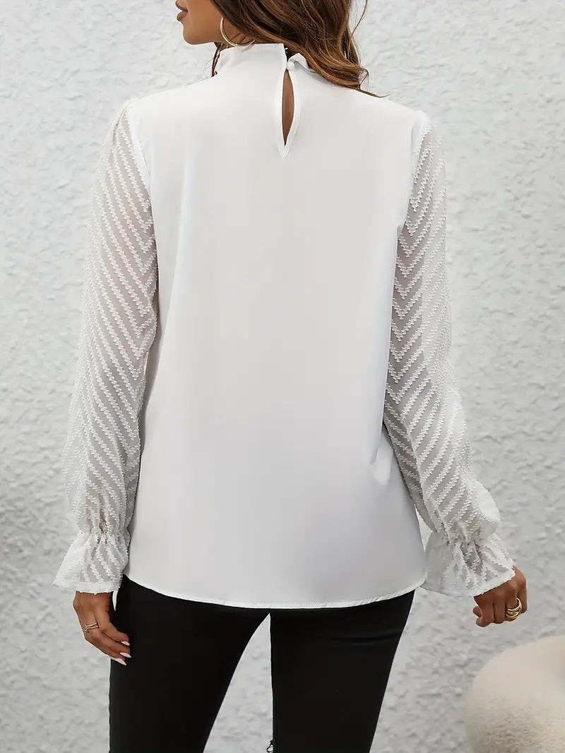 Chic Pleated Top with Sheer Mesh Sleeves for Women