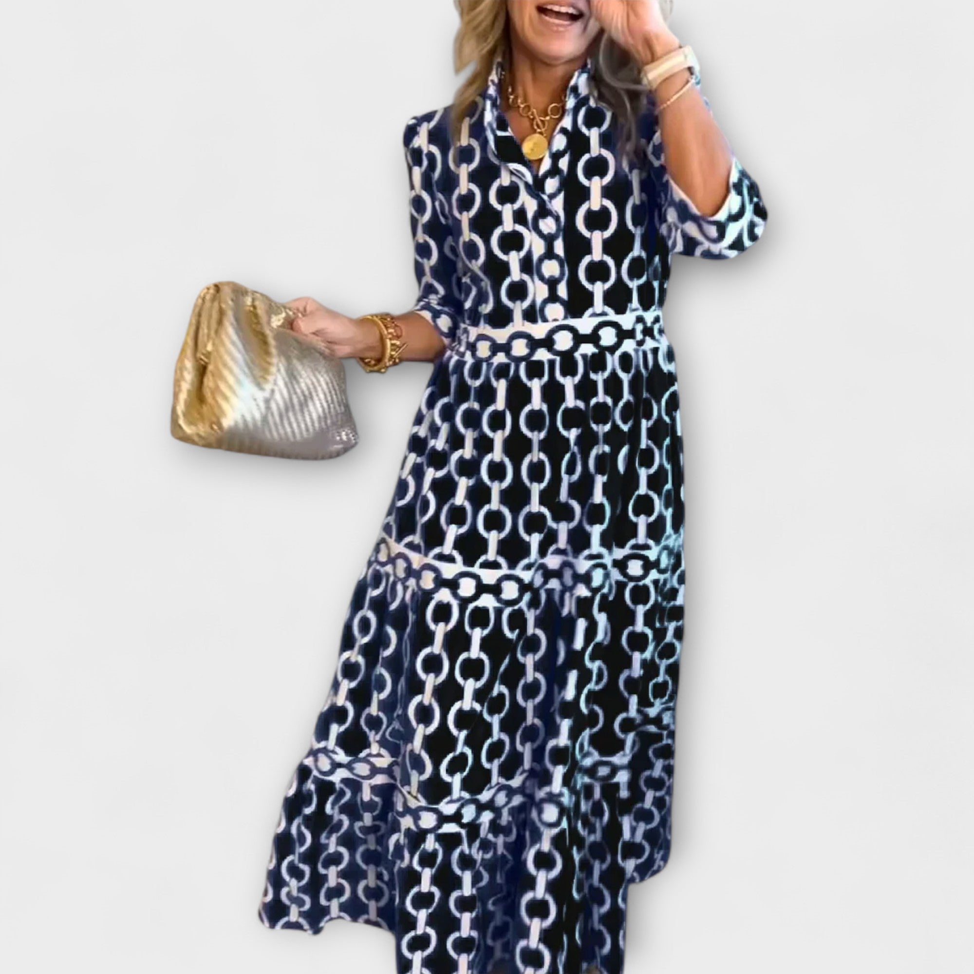 Flowy Midi Dress with Elegant Collar