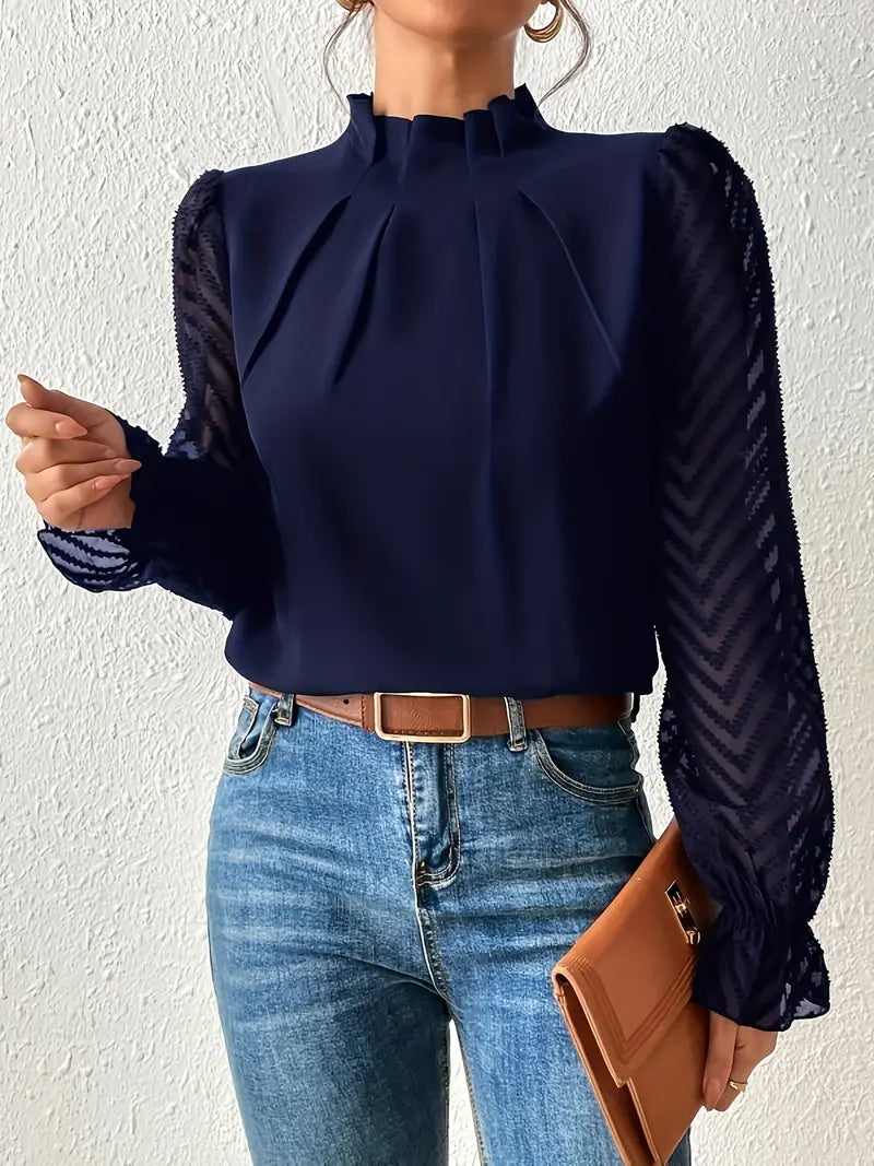 Chic Pleated Top with Sheer Mesh Sleeves for Women