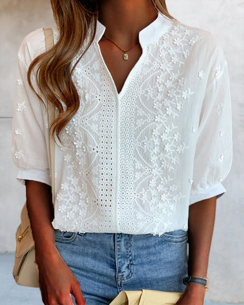 V-Neck Blouse with Puff Sleeves and Elegant Lace Accents