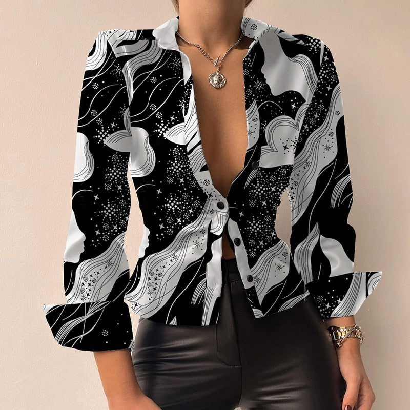 Printed V-neck PU Leather Blouse with Long Sleeves and Patchwork Design