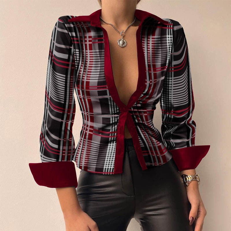 Printed V-neck PU Leather Blouse with Long Sleeves and Patchwork Design