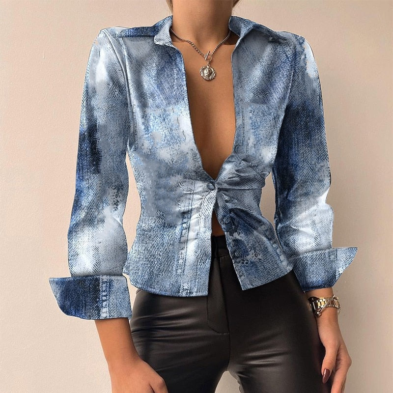 Printed V-neck PU Leather Blouse with Long Sleeves and Patchwork Design