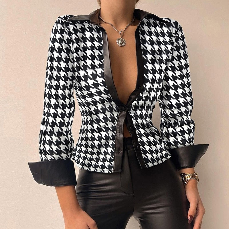 Printed V-neck PU Leather Blouse with Long Sleeves and Patchwork Design