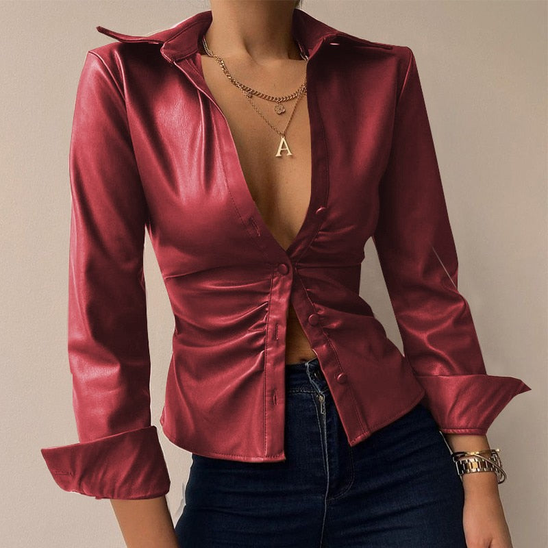 Printed V-neck PU Leather Blouse with Long Sleeves and Patchwork Design