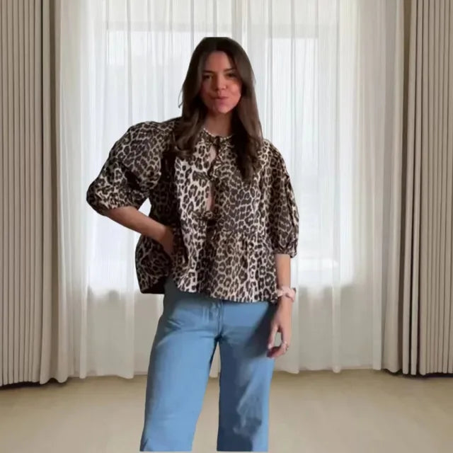 Chic Leopard Print Blouse with Puff Sleeves