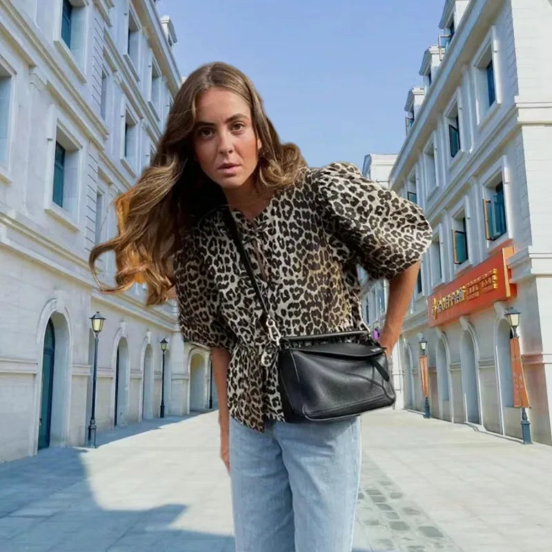 Chic Leopard Print Blouse with Puff Sleeves