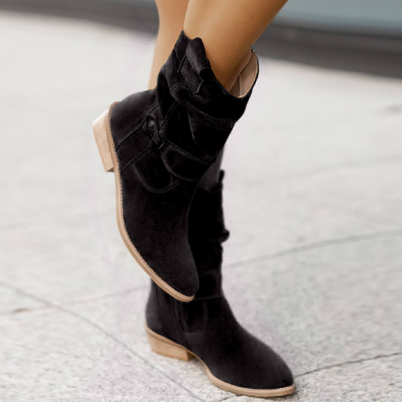 Thora - Faux Suede Flock Mid-Calf Knight Boots