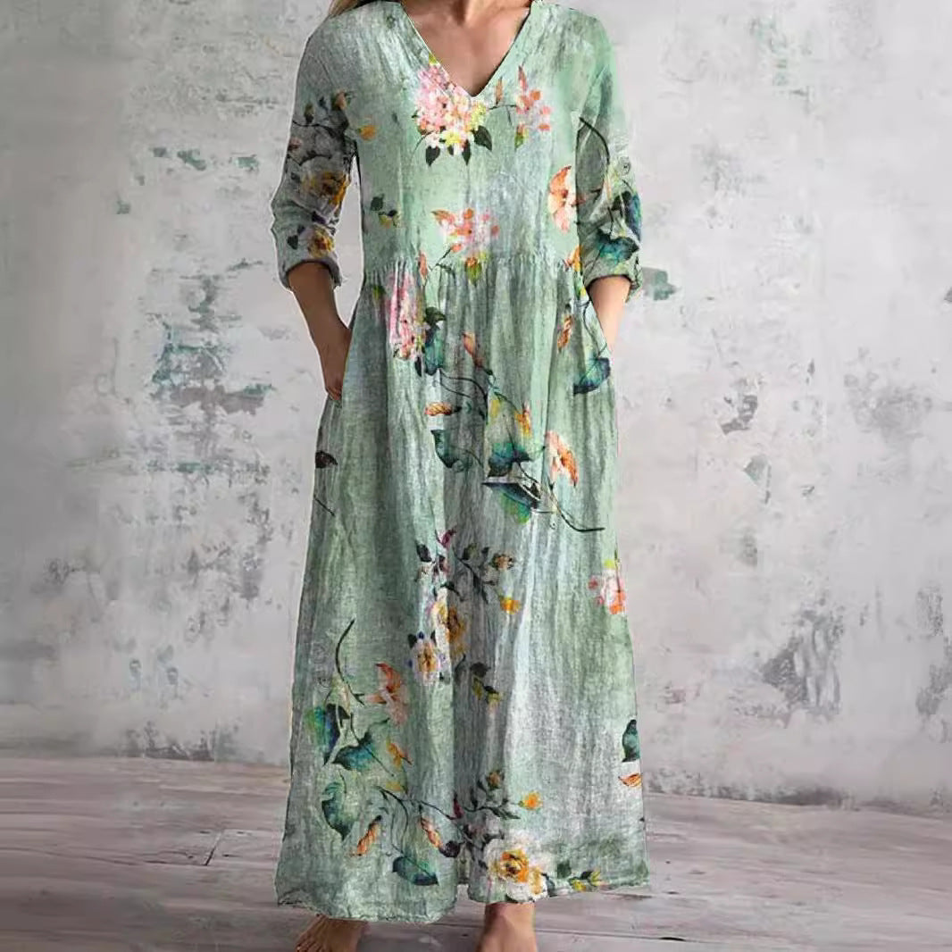 Summer Dress with V-Neck and Floral Pattern