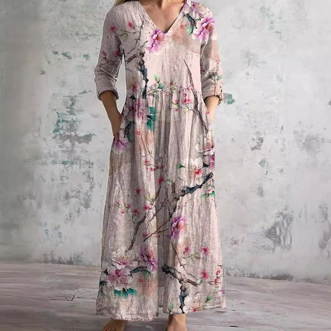 Summer Dress with V-Neck and Floral Pattern