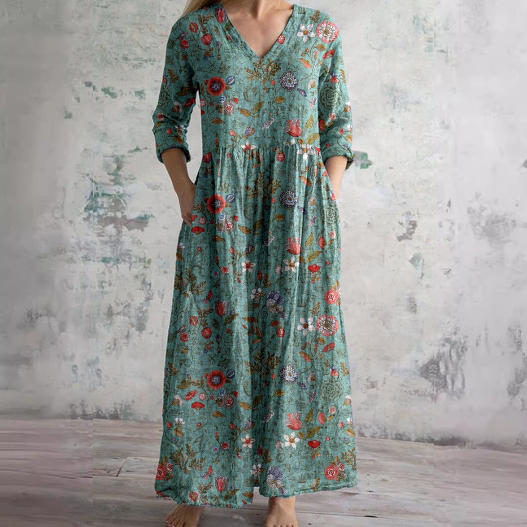 Summer Dress with V-Neck and Floral Pattern