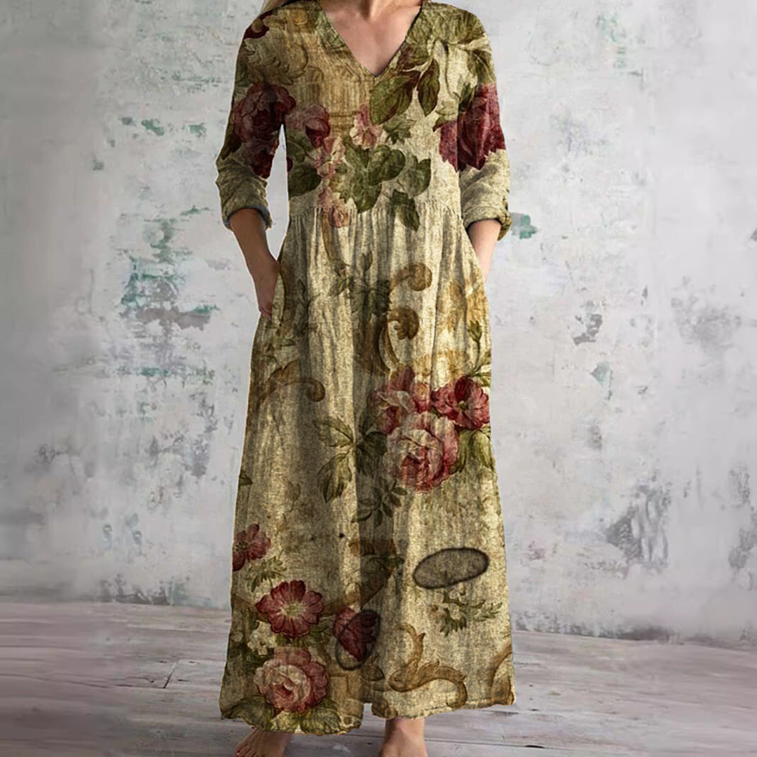 Summer Dress with V-Neck and Floral Pattern