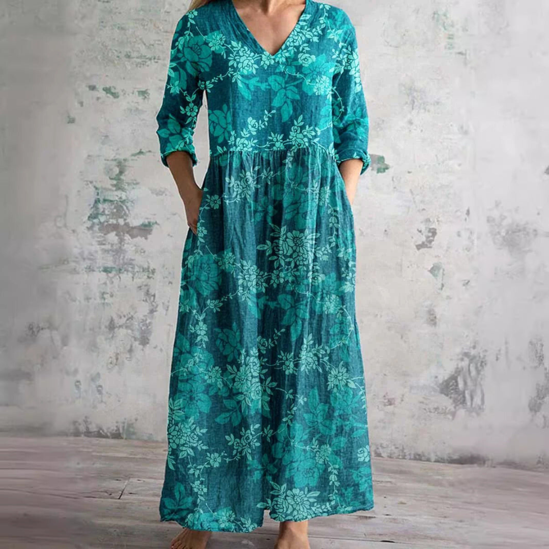 Summer Dress with V-Neck and Floral Pattern