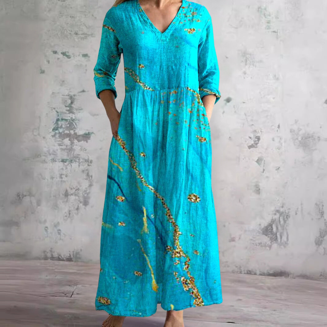 Summer Dress with V-Neck and Floral Pattern