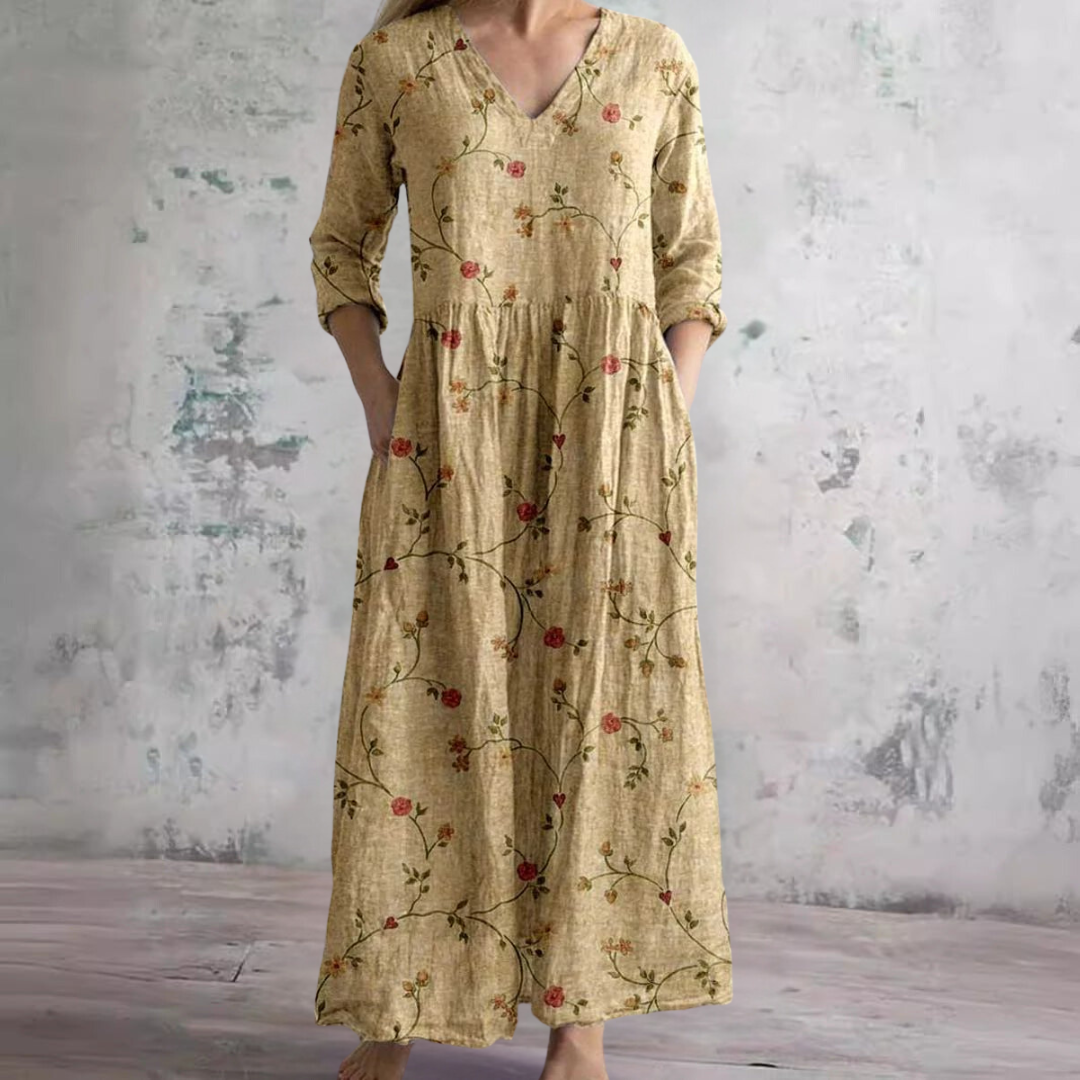 Summer Dress with V-Neck and Floral Pattern