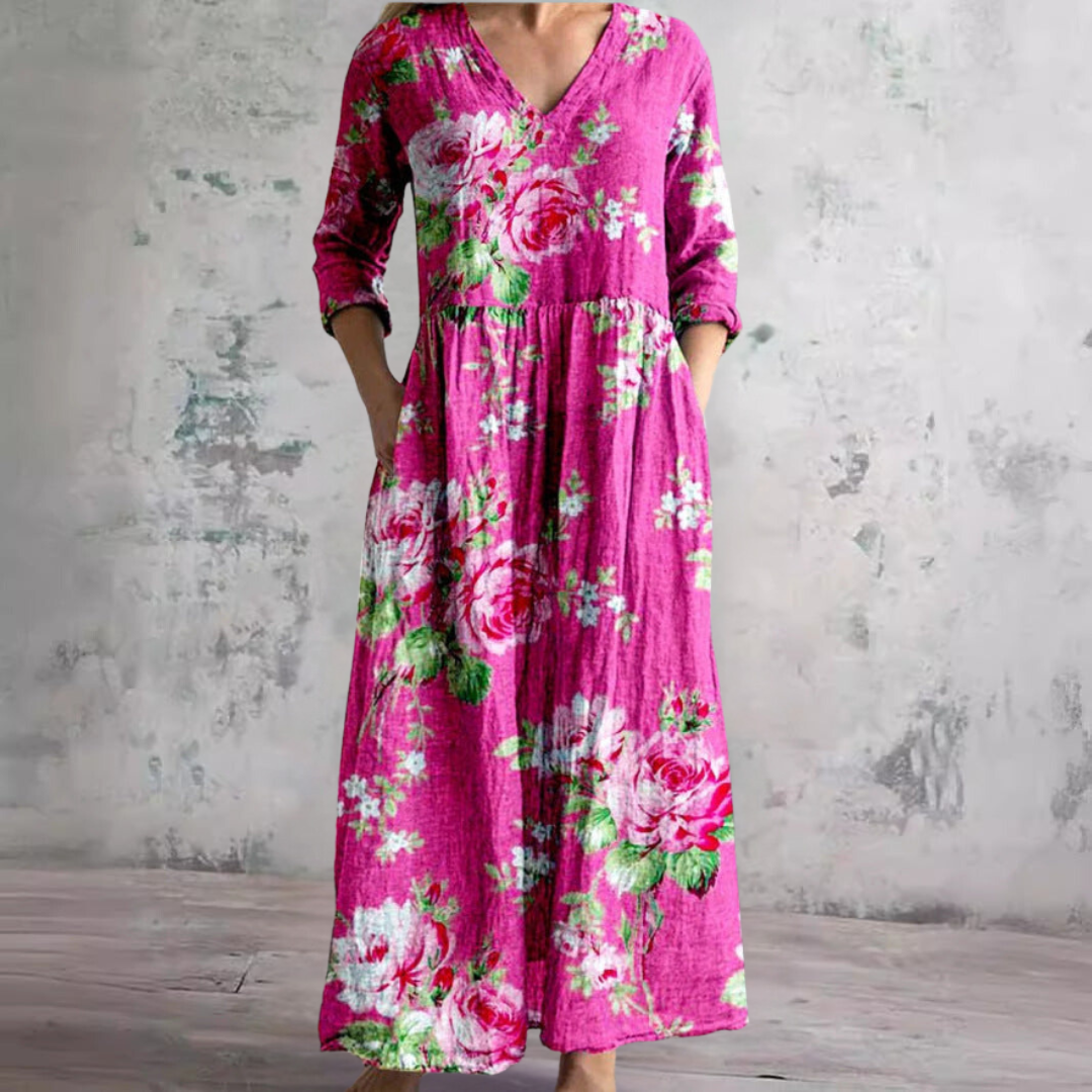 Summer Dress with V-Neck and Floral Pattern