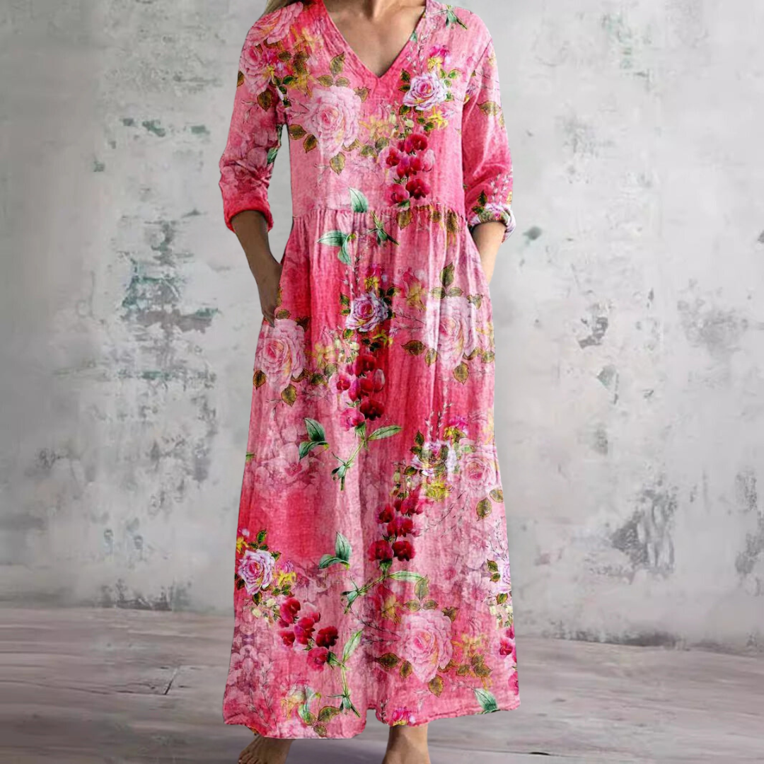 Summer Dress with V-Neck and Floral Pattern