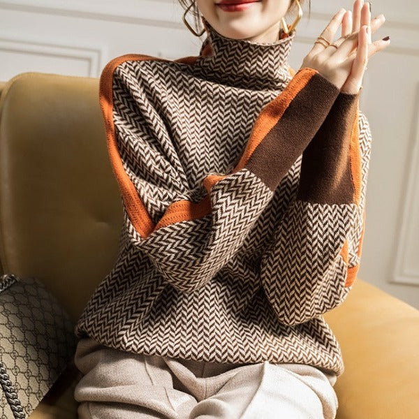 Turtleneck Sweater with Bold Contrasting Stripes