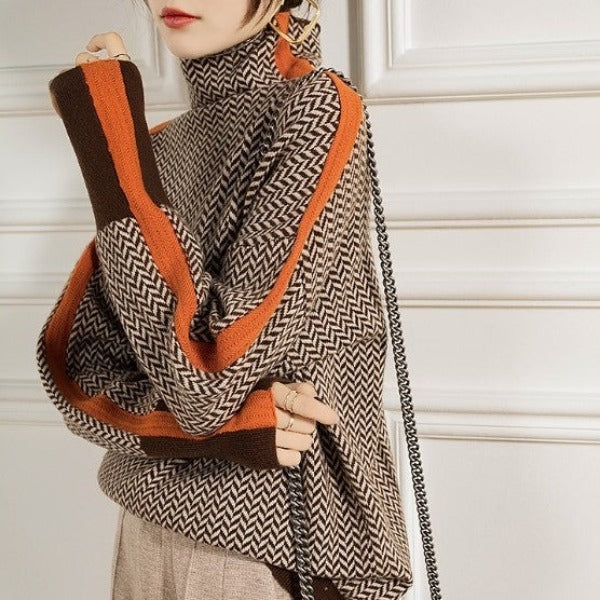 Turtleneck Sweater with Bold Contrasting Stripes
