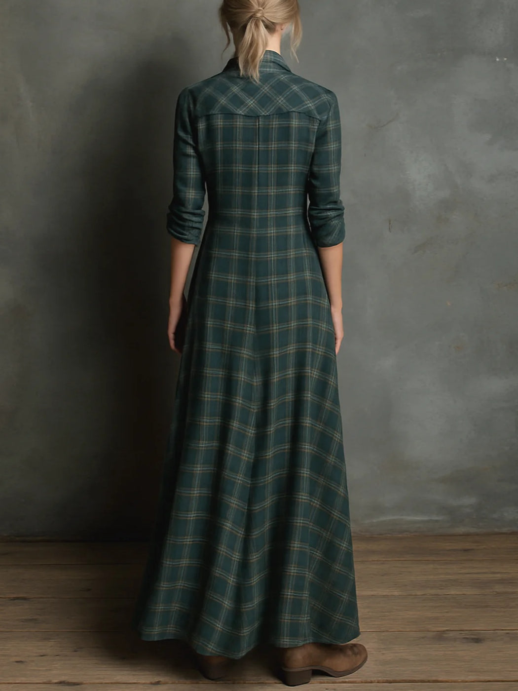 Long Dress with Green Plaid Lapel