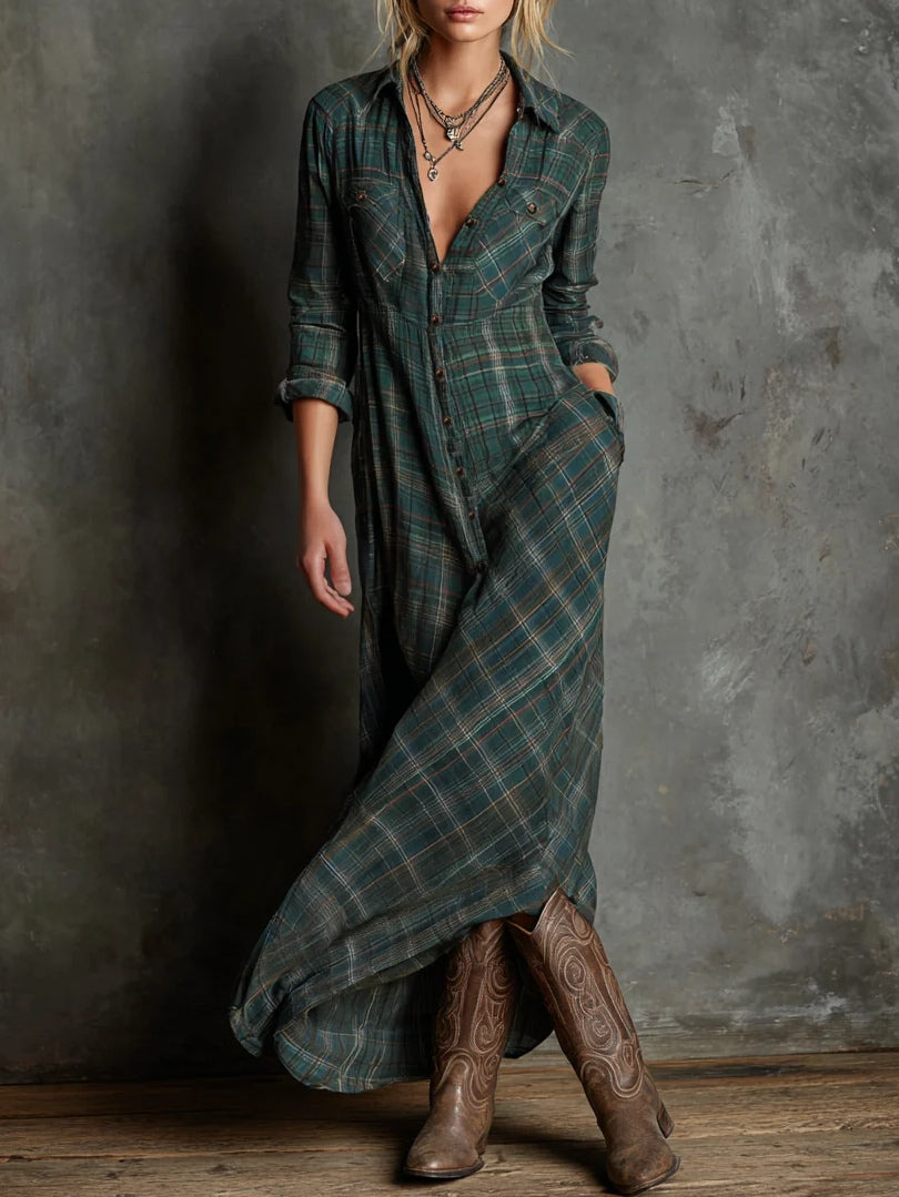 Long Dress with Green Plaid Lapel
