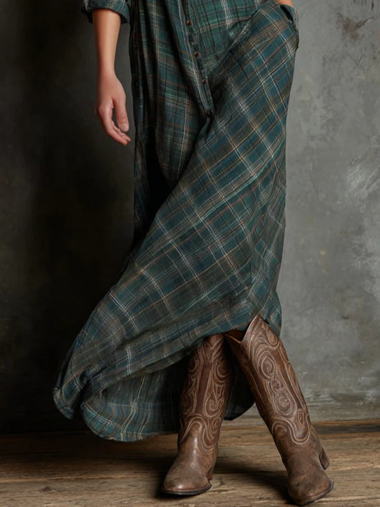 Long Dress with Green Plaid Lapel