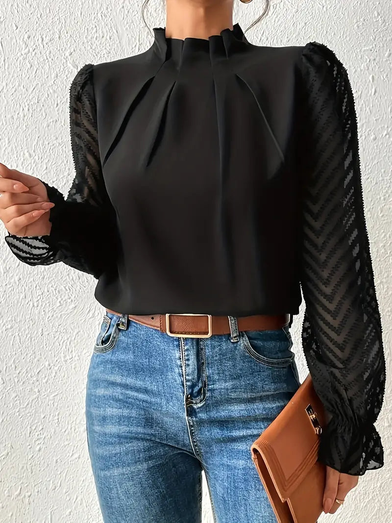 Chic Pleated Top with Sheer Mesh Sleeves for Women
