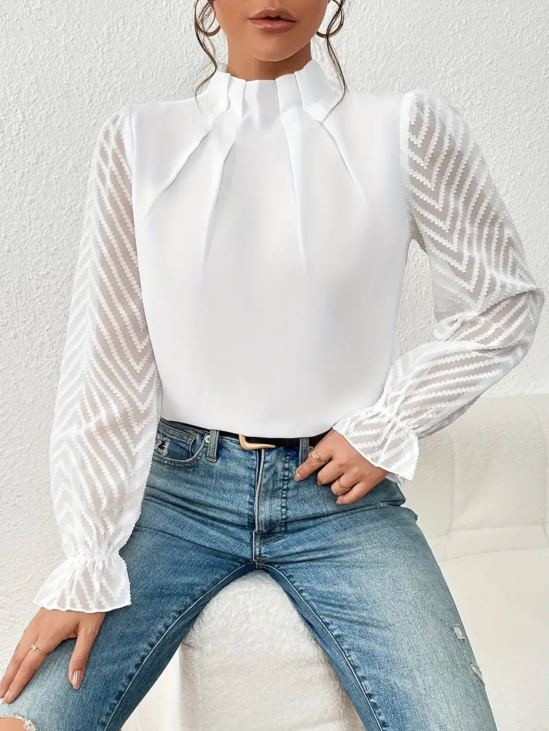 Chic Pleated Top with Sheer Mesh Sleeves for Women