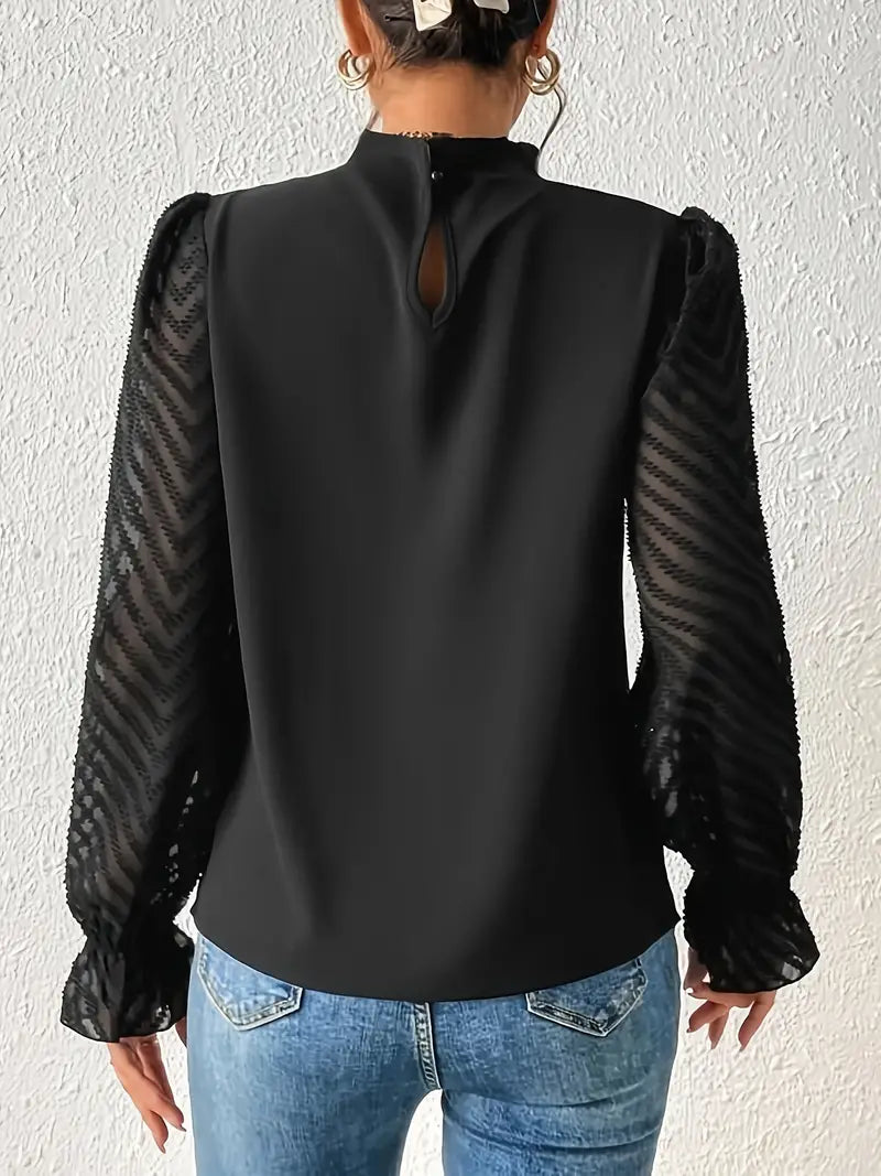 Chic Pleated Top with Sheer Mesh Sleeves for Women