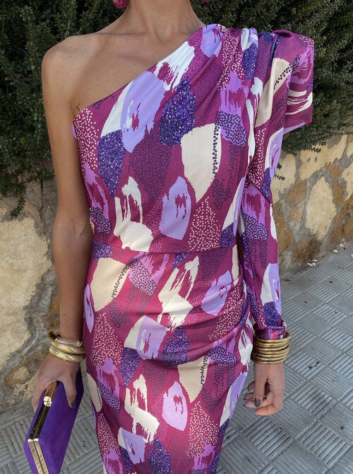 Purple One-Shoulder Midi Dress for Women