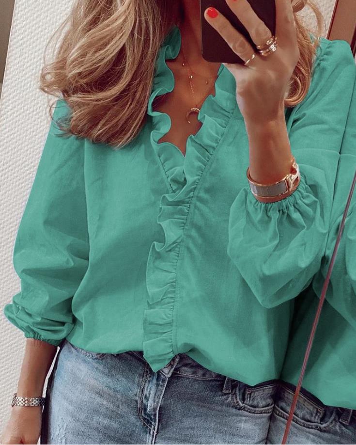 V-Neck Blouse with Charming Ruffles